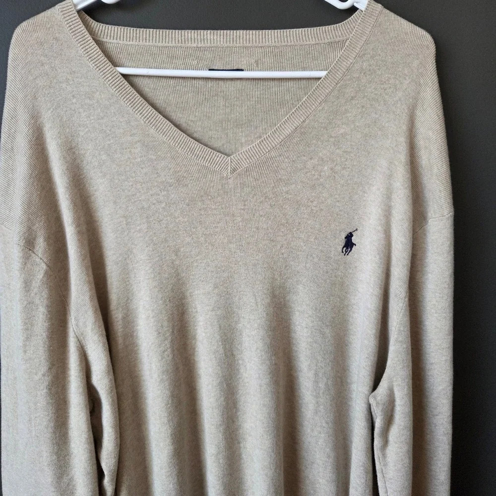 Polo Ralph Lauren Mens Tan Pima Cotton V Neck‎ Long Sleeve Sweater XL READ Desc.
